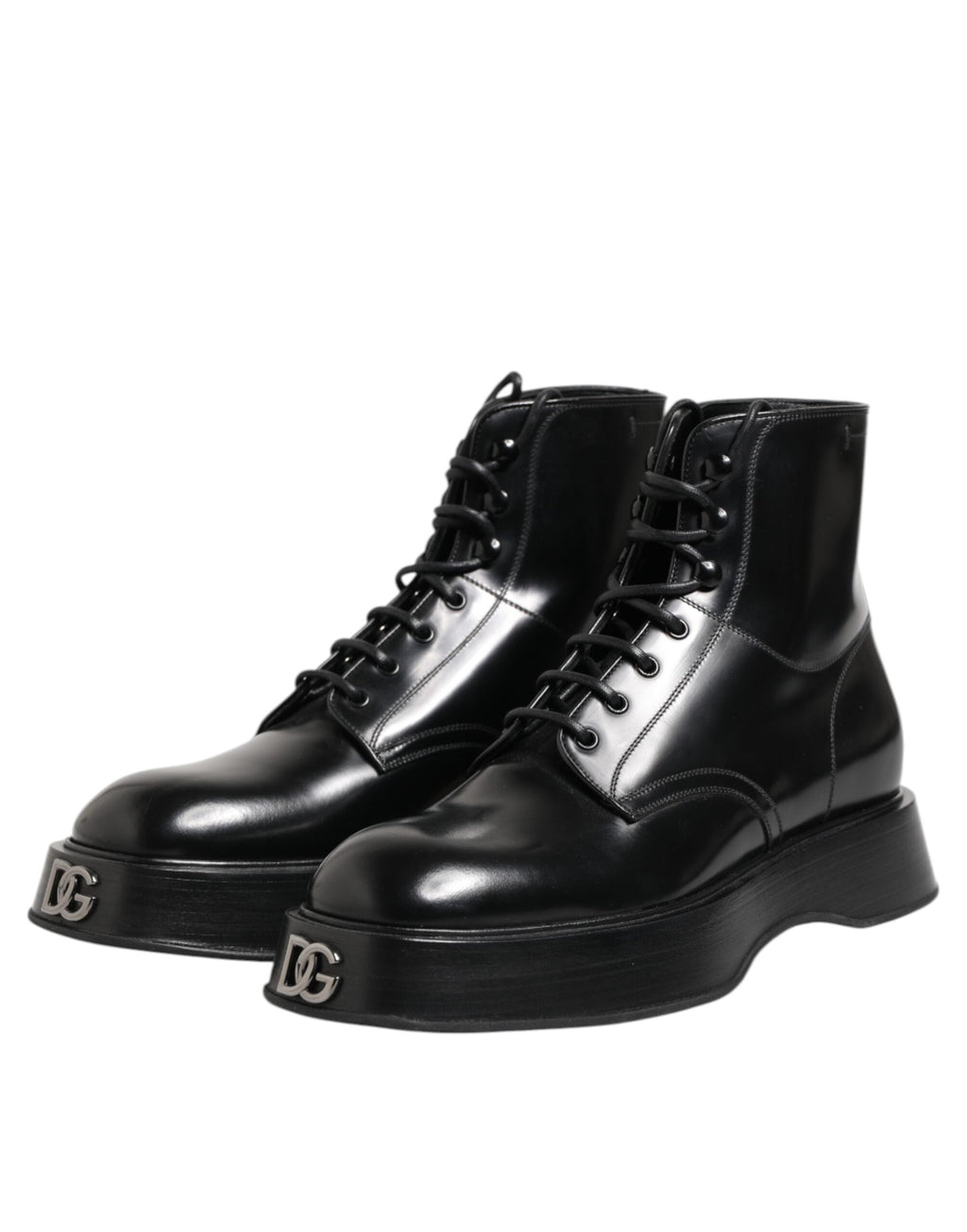 Dolce & Gabbana Black Leather Logo Ankle Boots Lace Up Men's Shoes