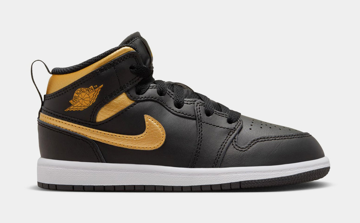 Exclusive Air Jordan 1 Mid Metallic Gold Preschool Lifestyle Shoes (Black/Metallic Gold/White) — 10.5C — Front View