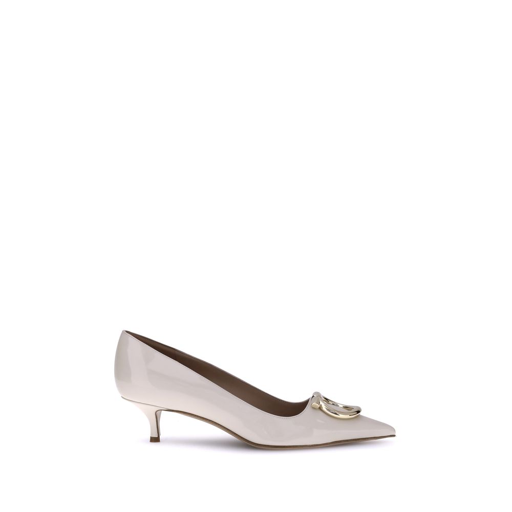 Ferragamo Cream Calf Leather Bos Taurus Mid Heel Women's Pumps