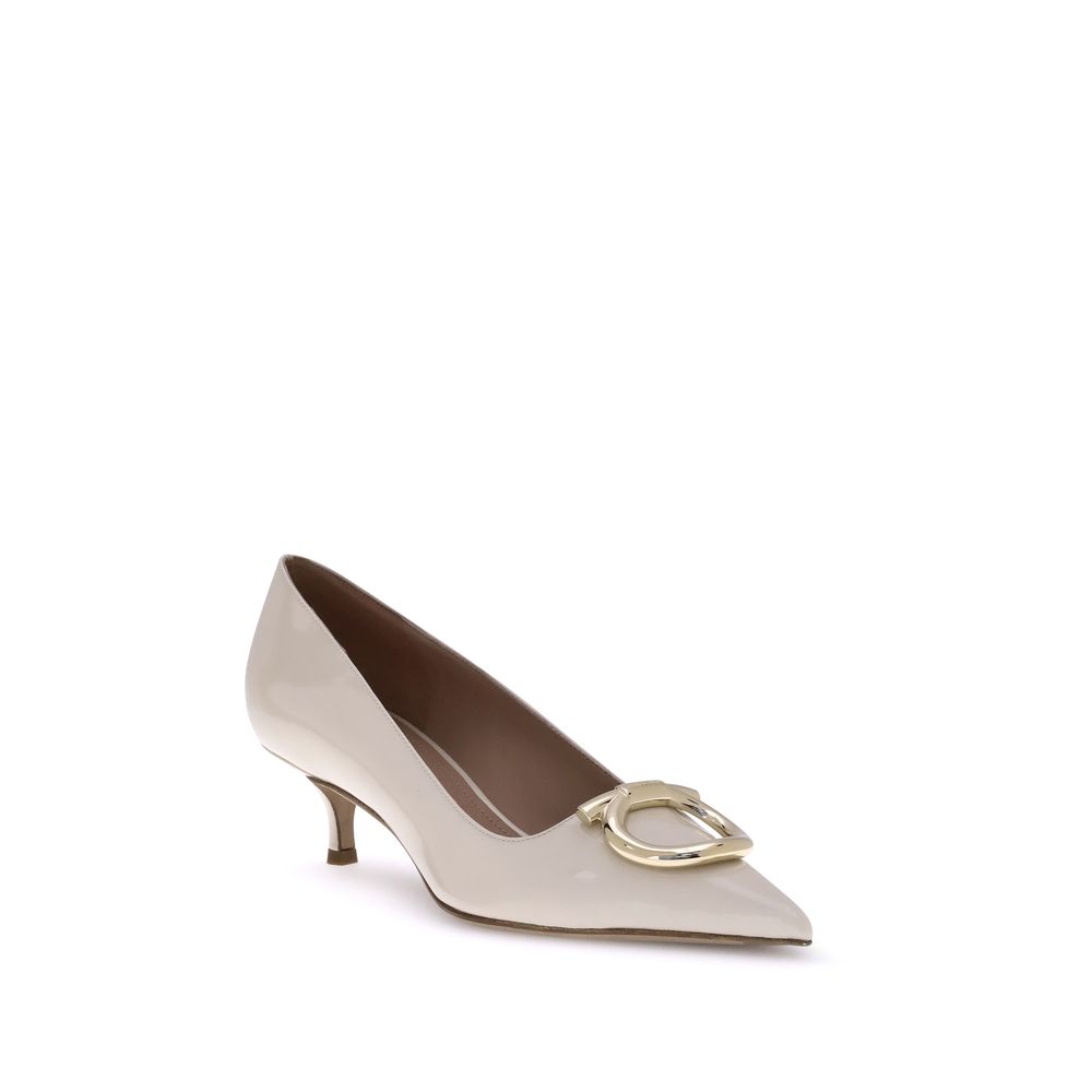 Ferragamo Cream Calf Leather Bos Taurus Mid Heel Women's Pumps