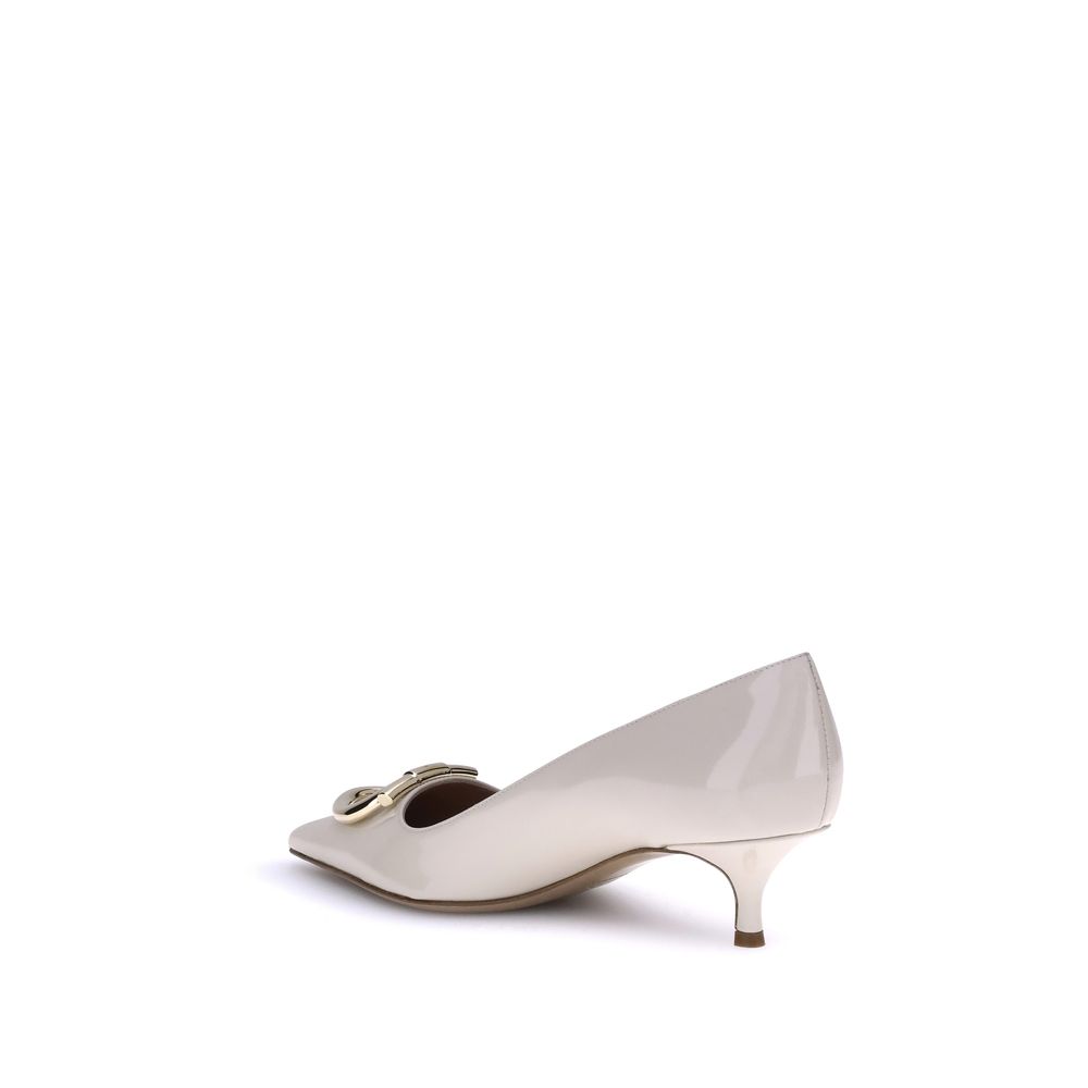 Ferragamo Cream Calf Leather Bos Taurus Mid Heel Women's Pumps