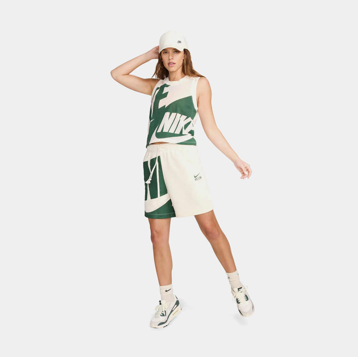 Exclusive Air Mid Rise 6" French Terry Womens Shorts (Beige/Green) — XS — Back View