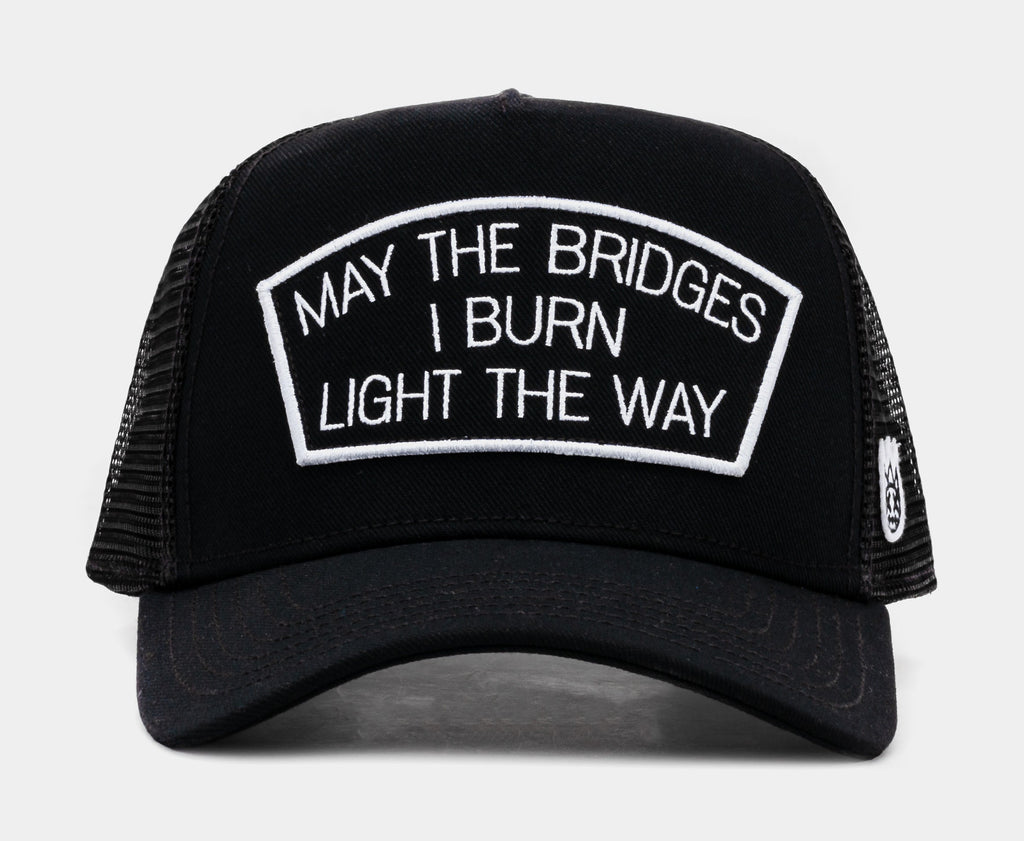 Exclusive May The Bridges Burn Trucker Mens Hat (Black/White) — OS — Front View
