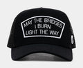 Exclusive May The Bridges Burn Trucker Mens Hat (Black/White) — OS — Front View