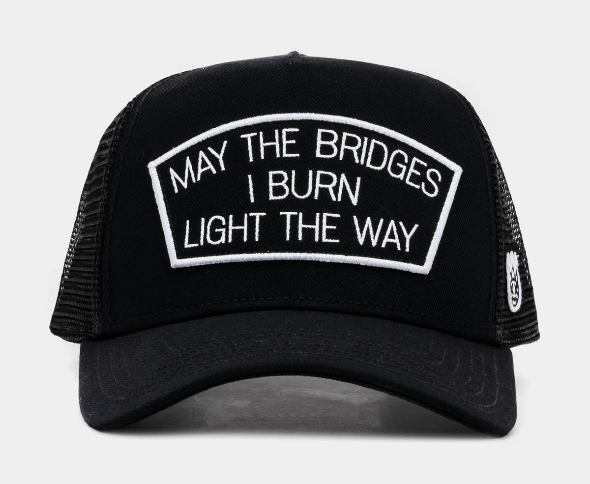 Exclusive May The Bridges Burn Trucker Mens Hat (Black/White) — OS — Front View