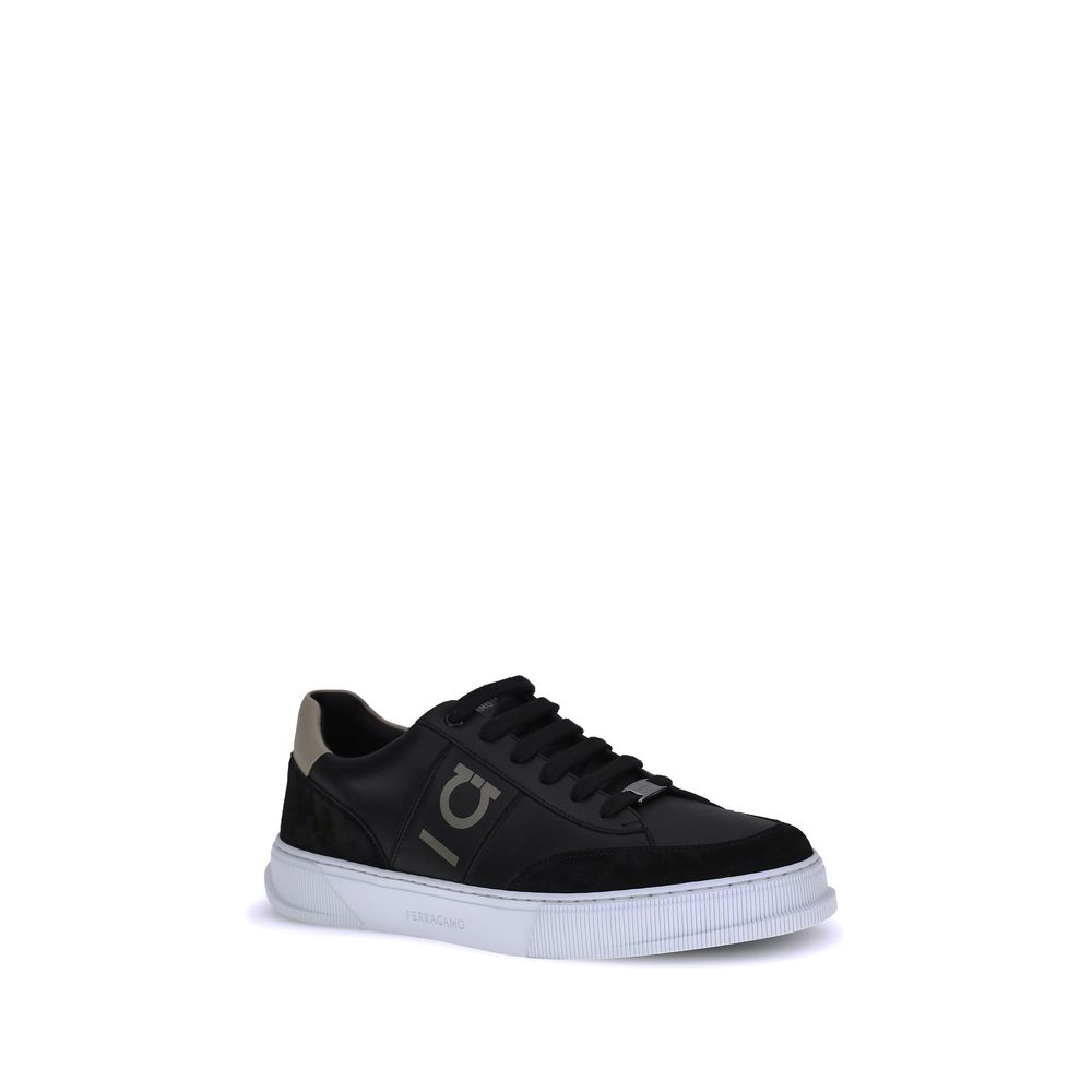 Ferragamo Black Calf Leather Bos Taurus Low Top Men's Sneakers