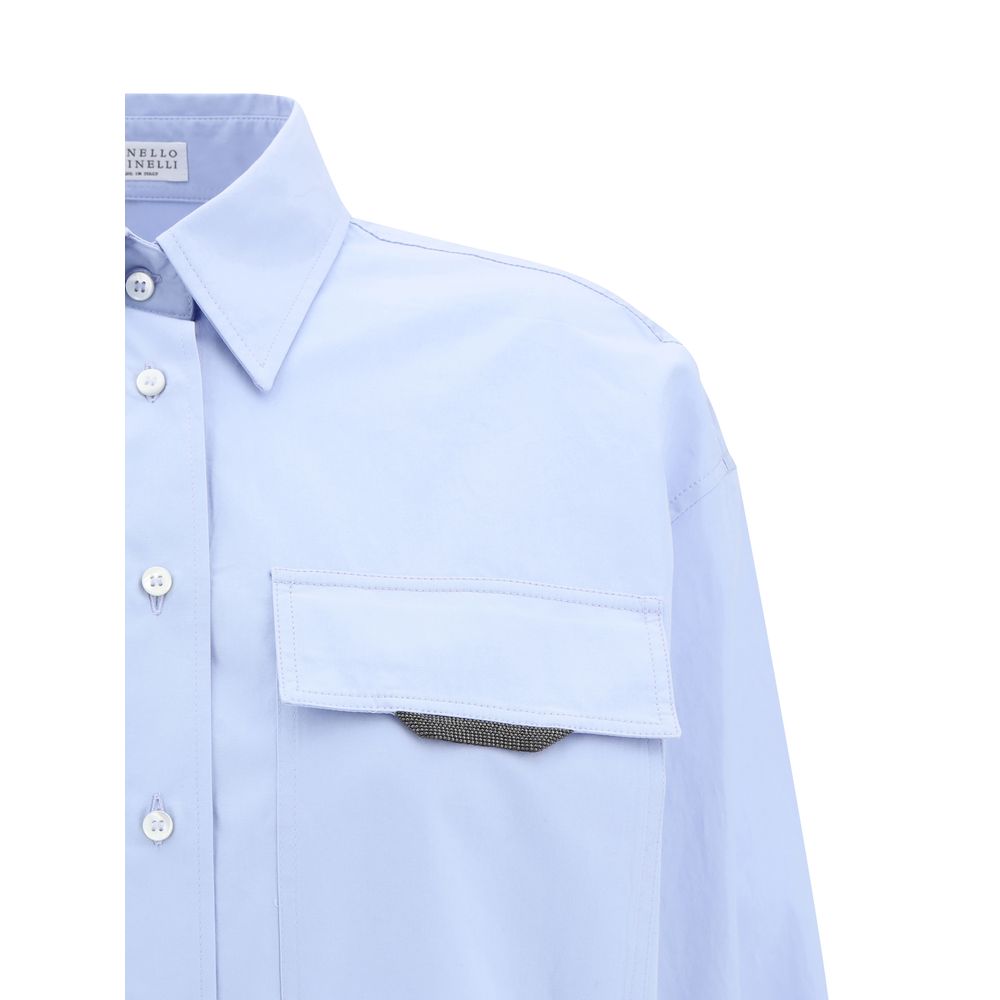 Brunello Cucinelli Light Blue Cotton Dress Women's Shirt