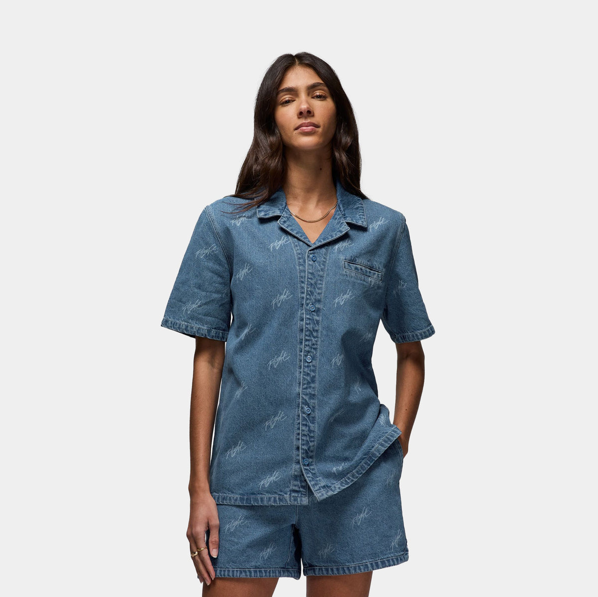 Exclusive Stone Blue Woven Womens Short Sleeve Shirt (Blue) — XS — Front View