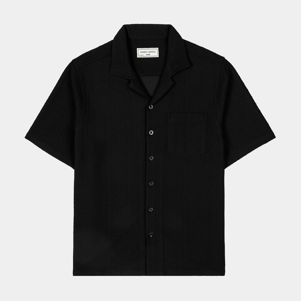 Exclusive Jacquard Ornate Printed Mens Short Sleeve Shirt (Black) — S — Front View