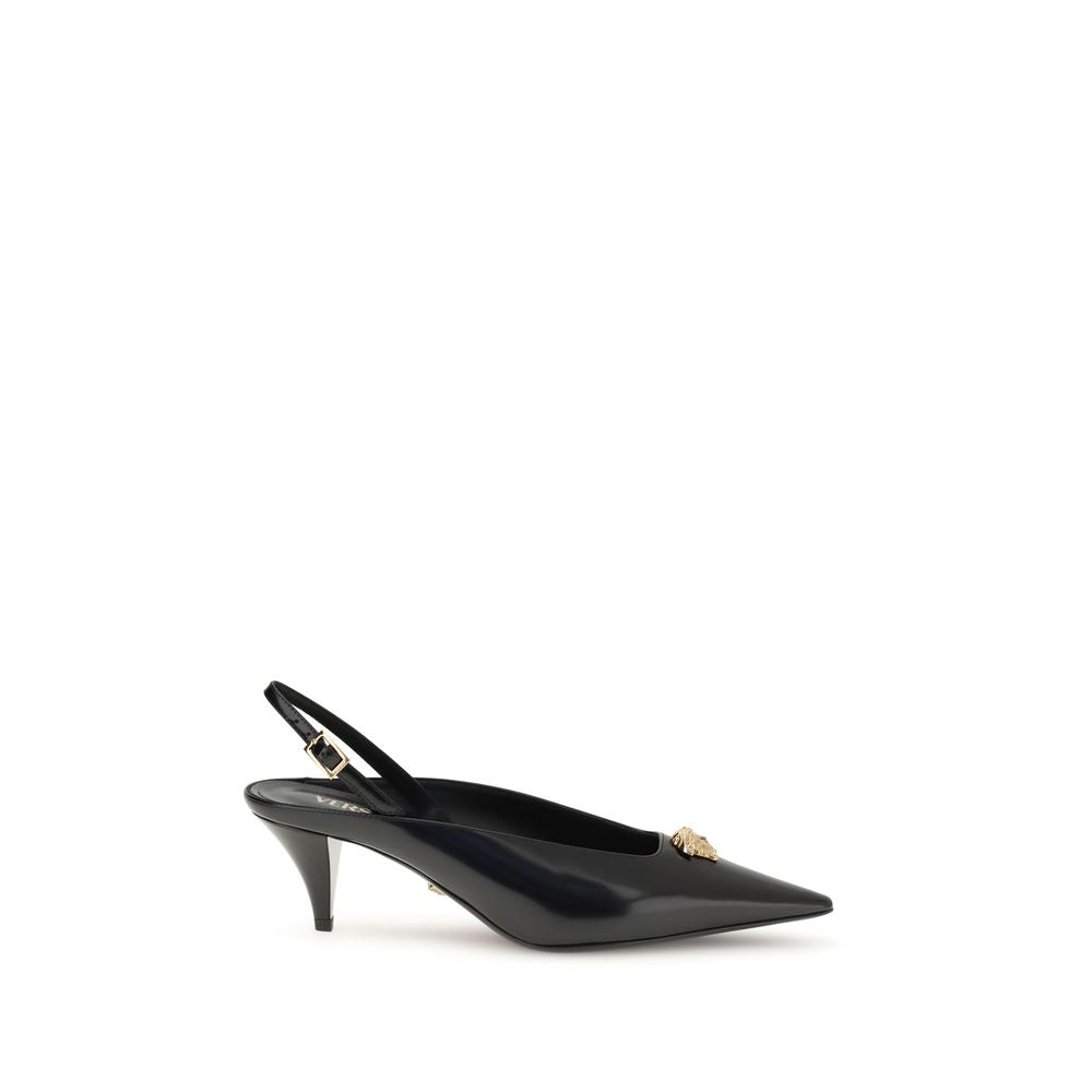 Versace Black Leather Mid Heel Women's Pumps
