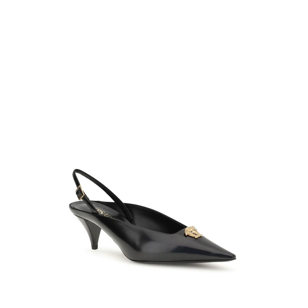 Versace Black Leather Mid Heel Women's Pumps