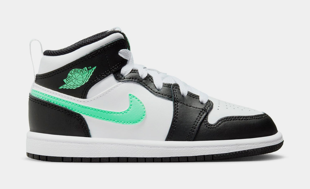 Exclusive Air Jordan 1 Mid Preschool Lifestyle Shoes (White/Green Glow/Black) — 10.5C — Front View