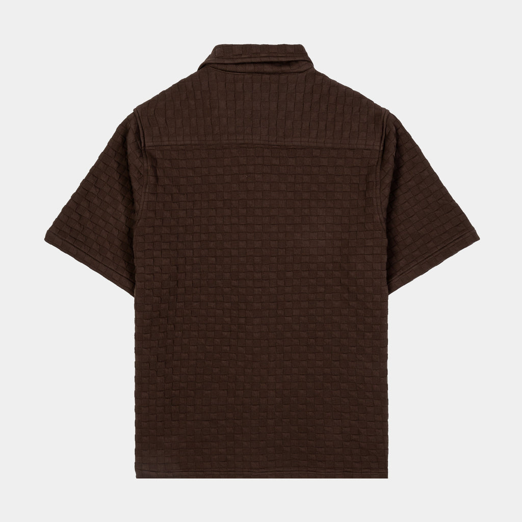 Exclusive Checkered Knit Mens Short Sleeve Shirt (Brown) — S — Side View