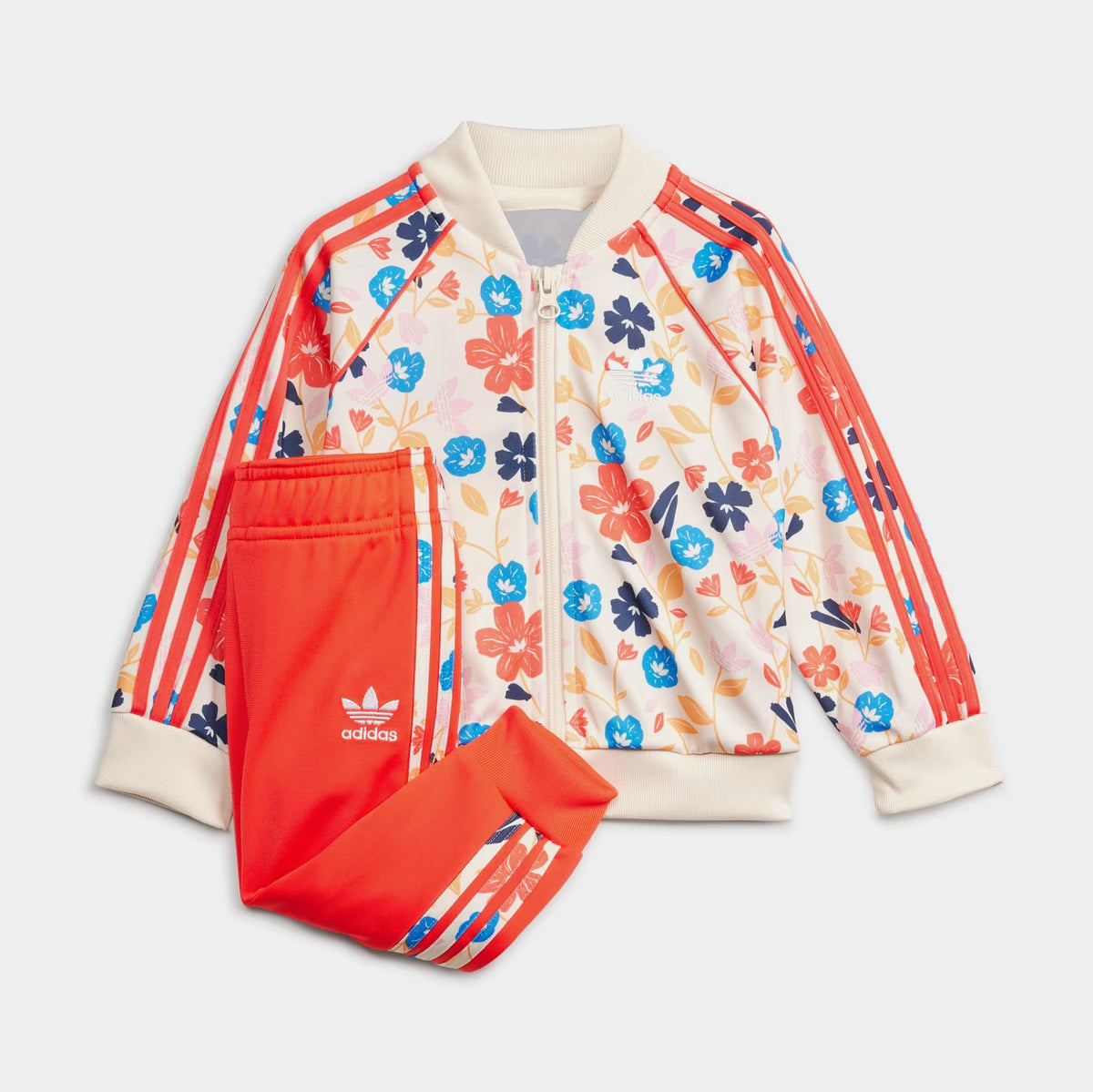 Exclusive Floral Graphics Zip Up and Joggers Infant Toddler Set (Orange/White) — 2T — Front View