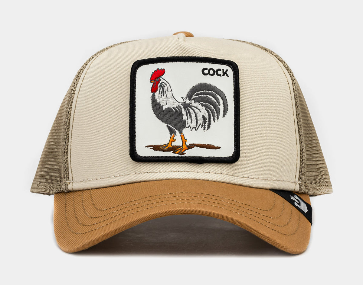 Exclusive Premium Rooster Trucker Mens Hat (Khaki/Yellow) — OS — Front View