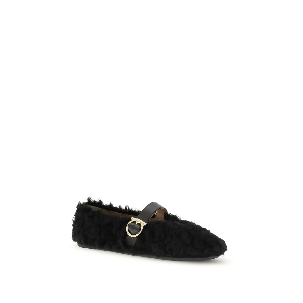 Ferragamo Black Fur Ballet Women's Flats