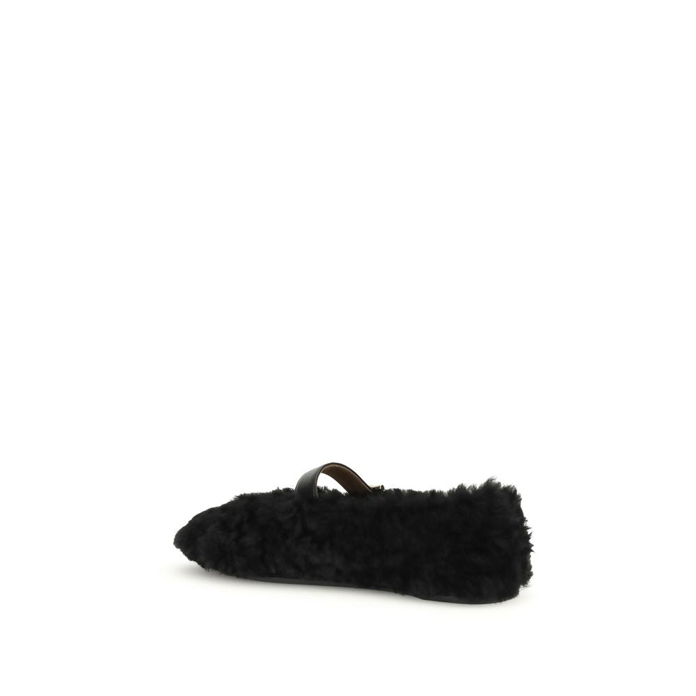 Ferragamo Black Fur Ballet Women's Flats