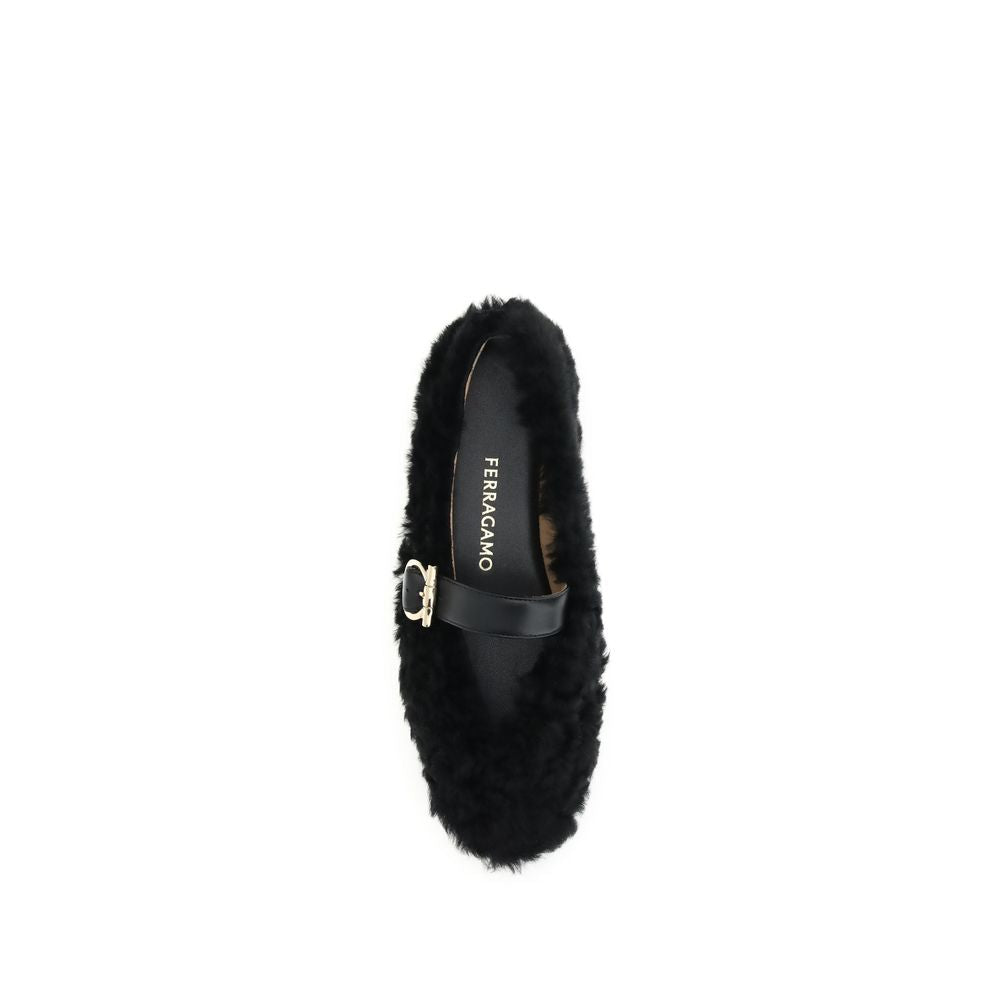 Ferragamo Black Fur Ballet Women's Flats