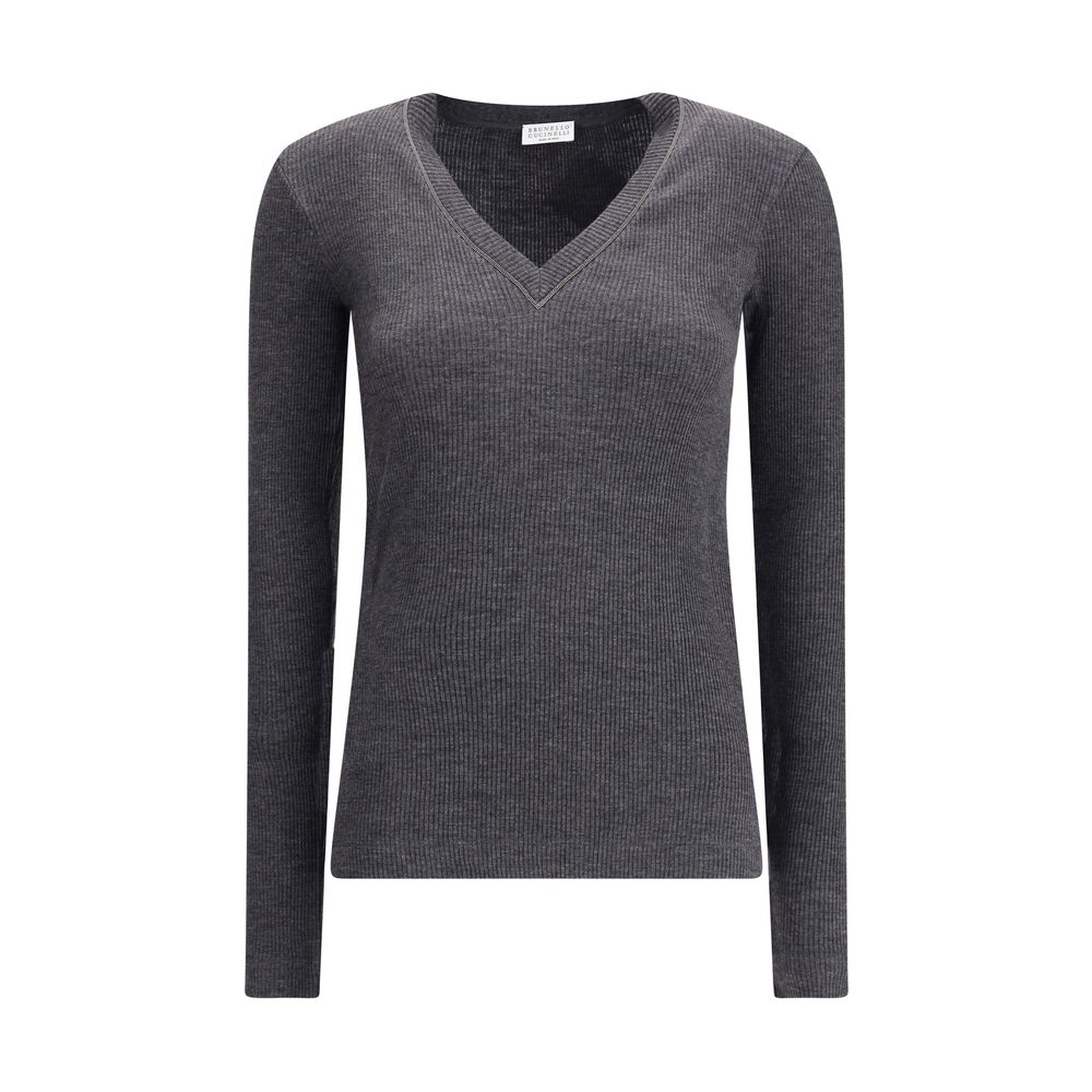 Brunello Cucinelli Gray Wool Long Sleeve Women's T-Shirt