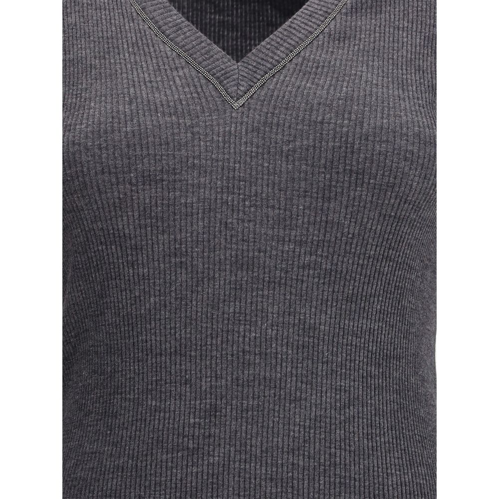 Brunello Cucinelli Gray Wool Long Sleeve Women's T-Shirt