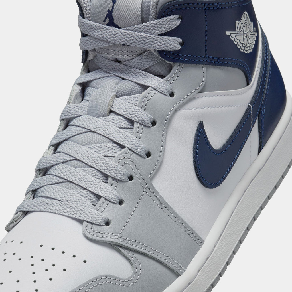 Exclusive Air Jordan 1 Mid Wolf Grey Midnight Navy Mens Lifestyle Shoes (White/Wolf Grey/Midnight Navy) — 7 — Side View