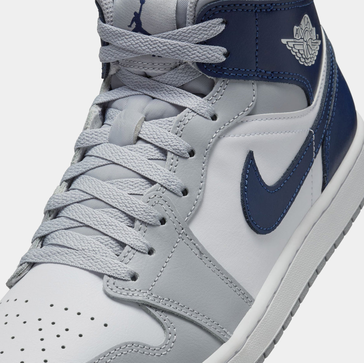 Exclusive Air Jordan 1 Mid Wolf Grey Midnight Navy Mens Lifestyle Shoes (White/Wolf Grey/Midnight Navy) — 7 — Side View
