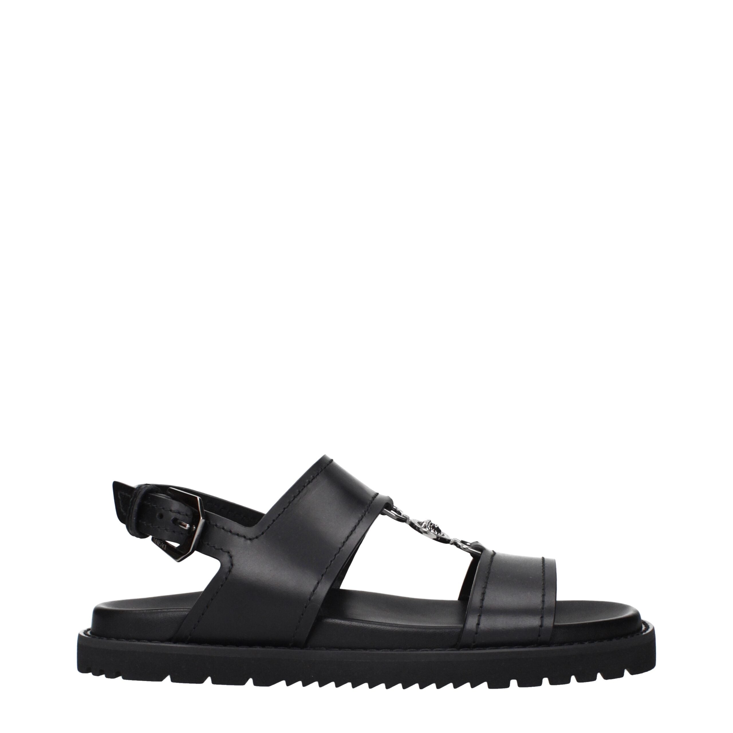 Versace Black Leather Flat Men's Sandals