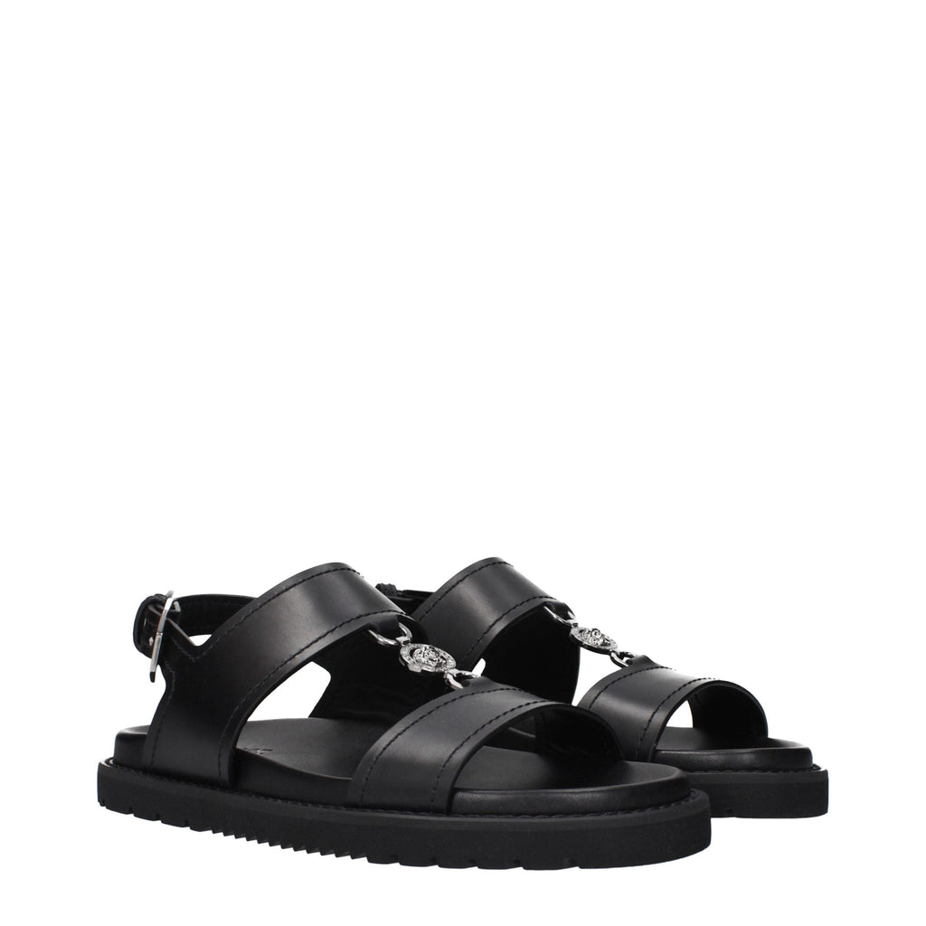 Versace Black Leather Flat Men's Sandals