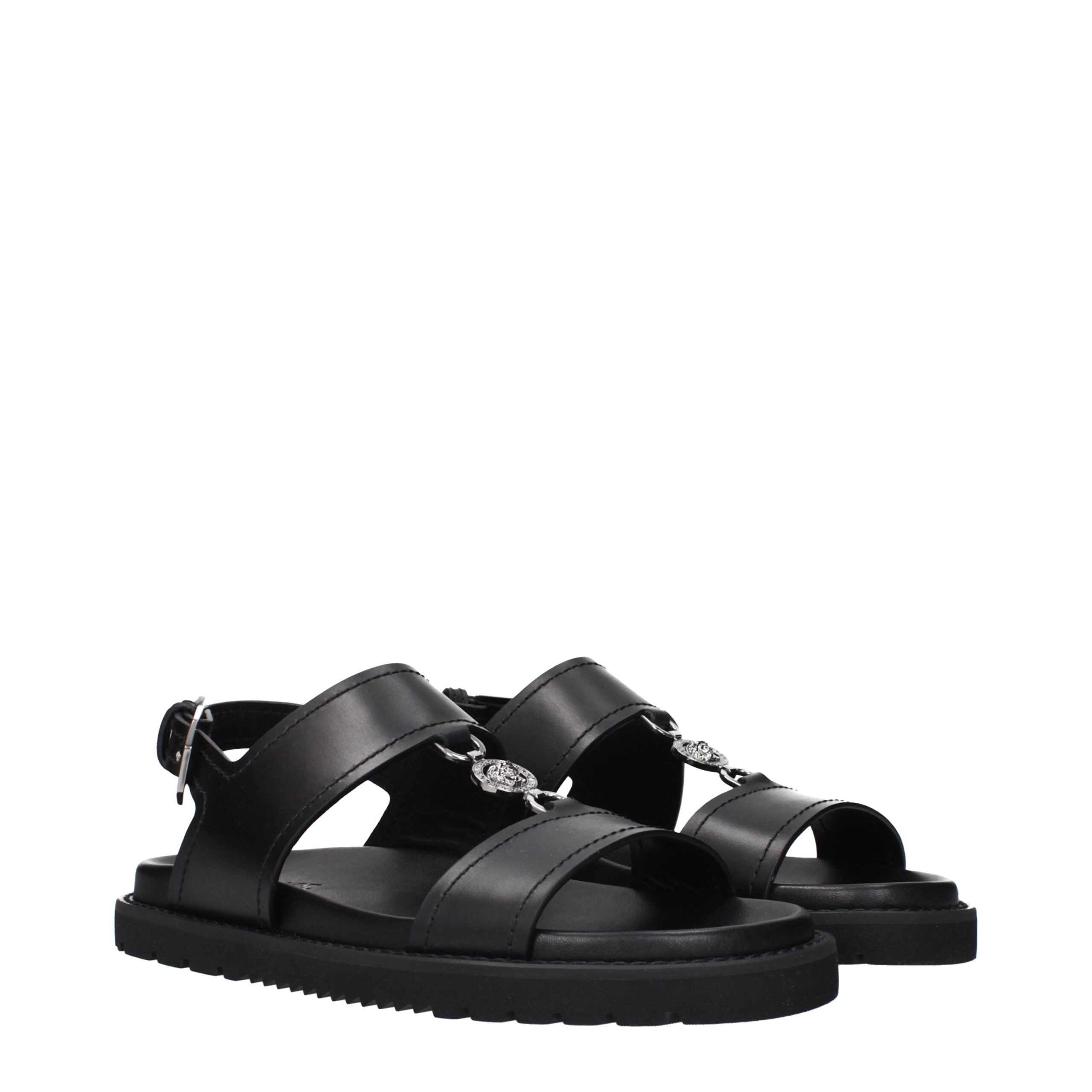 Versace Black Leather Flat Men's Sandals