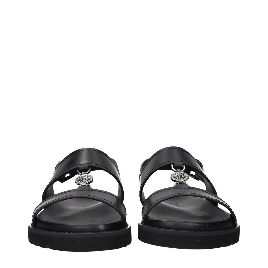 Versace Black Leather Flat Men's Sandals