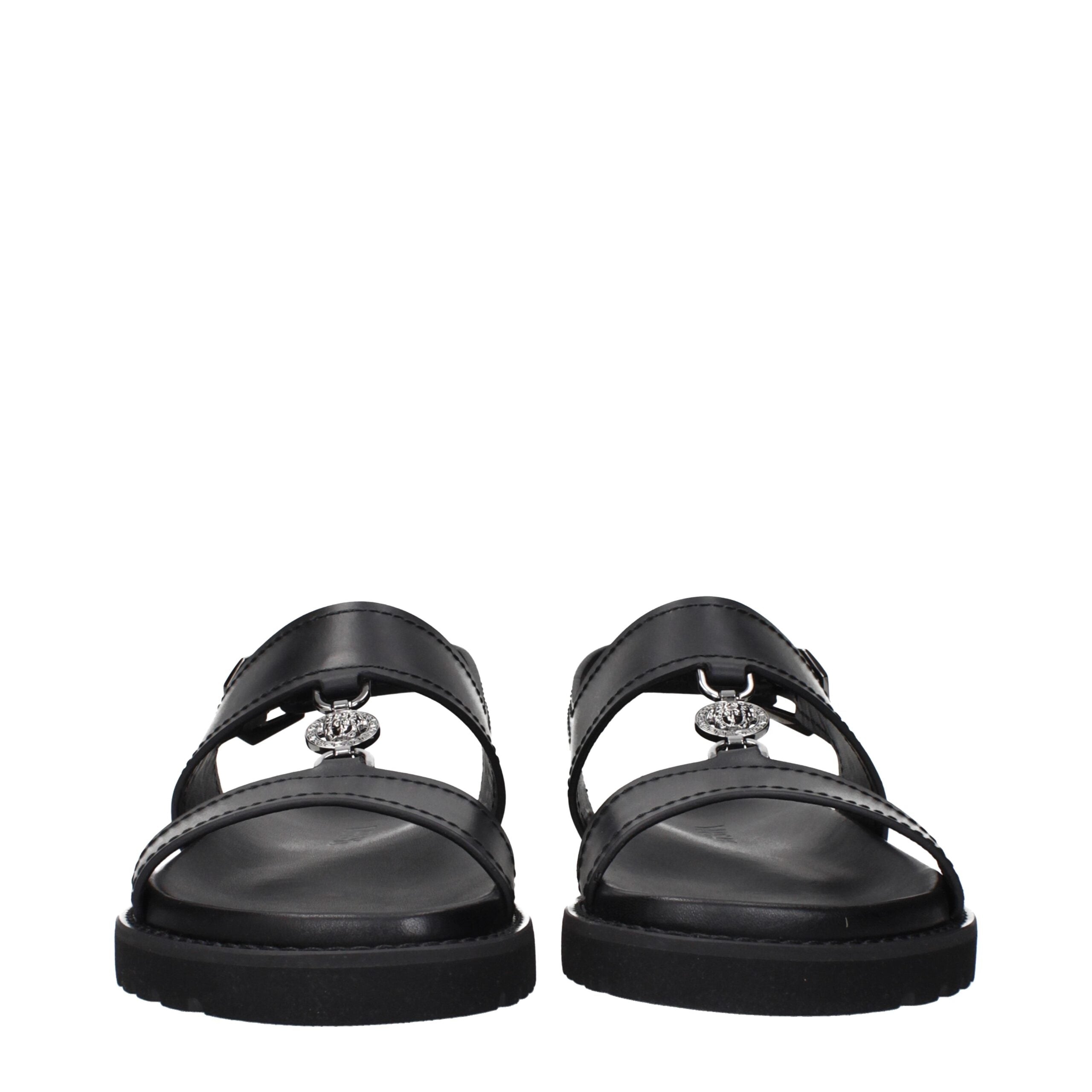 Versace Black Leather Flat Men's Sandals