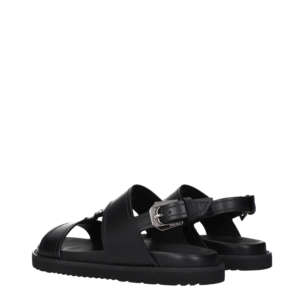 Versace Black Leather Flat Men's Sandals