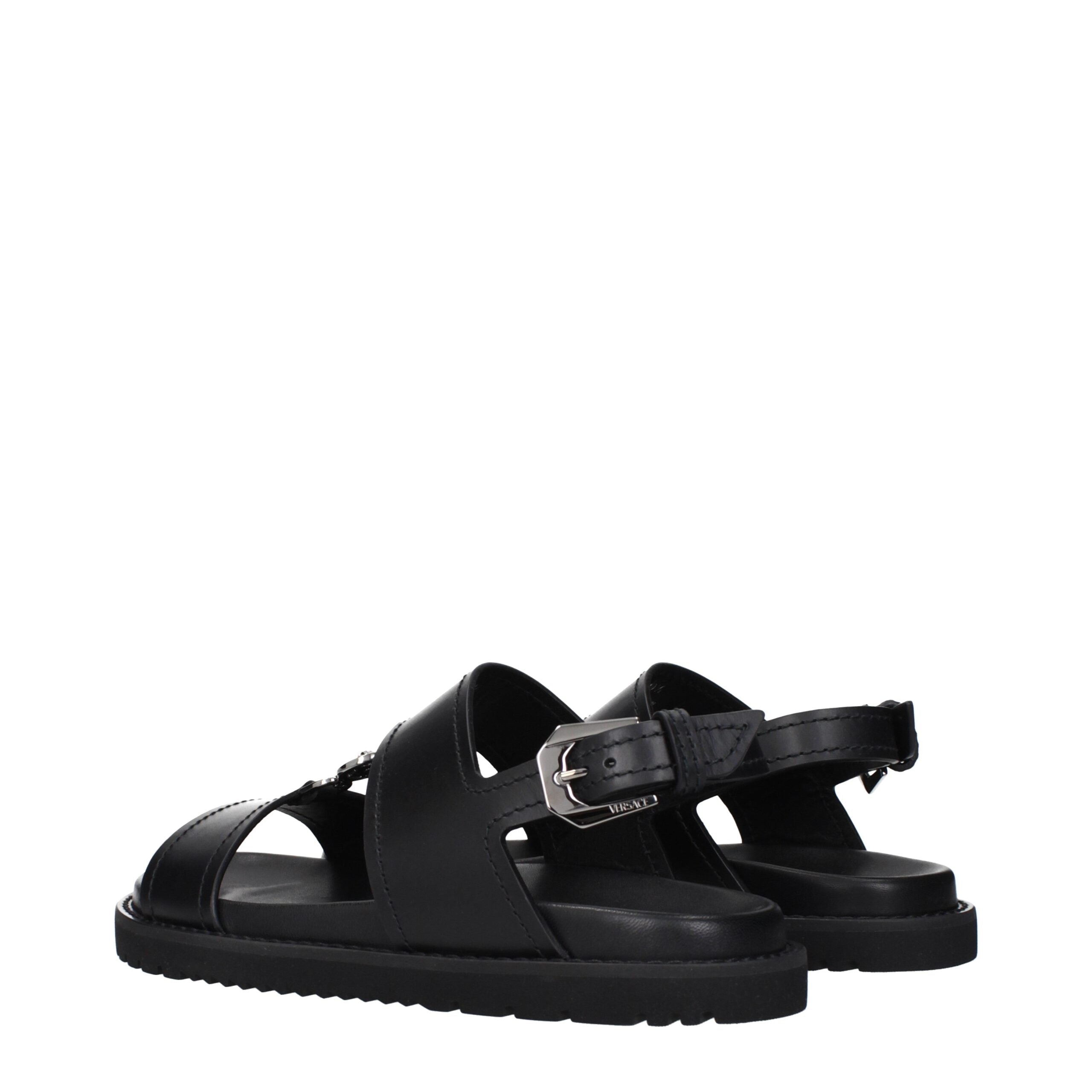 Versace Black Leather Flat Men's Sandals