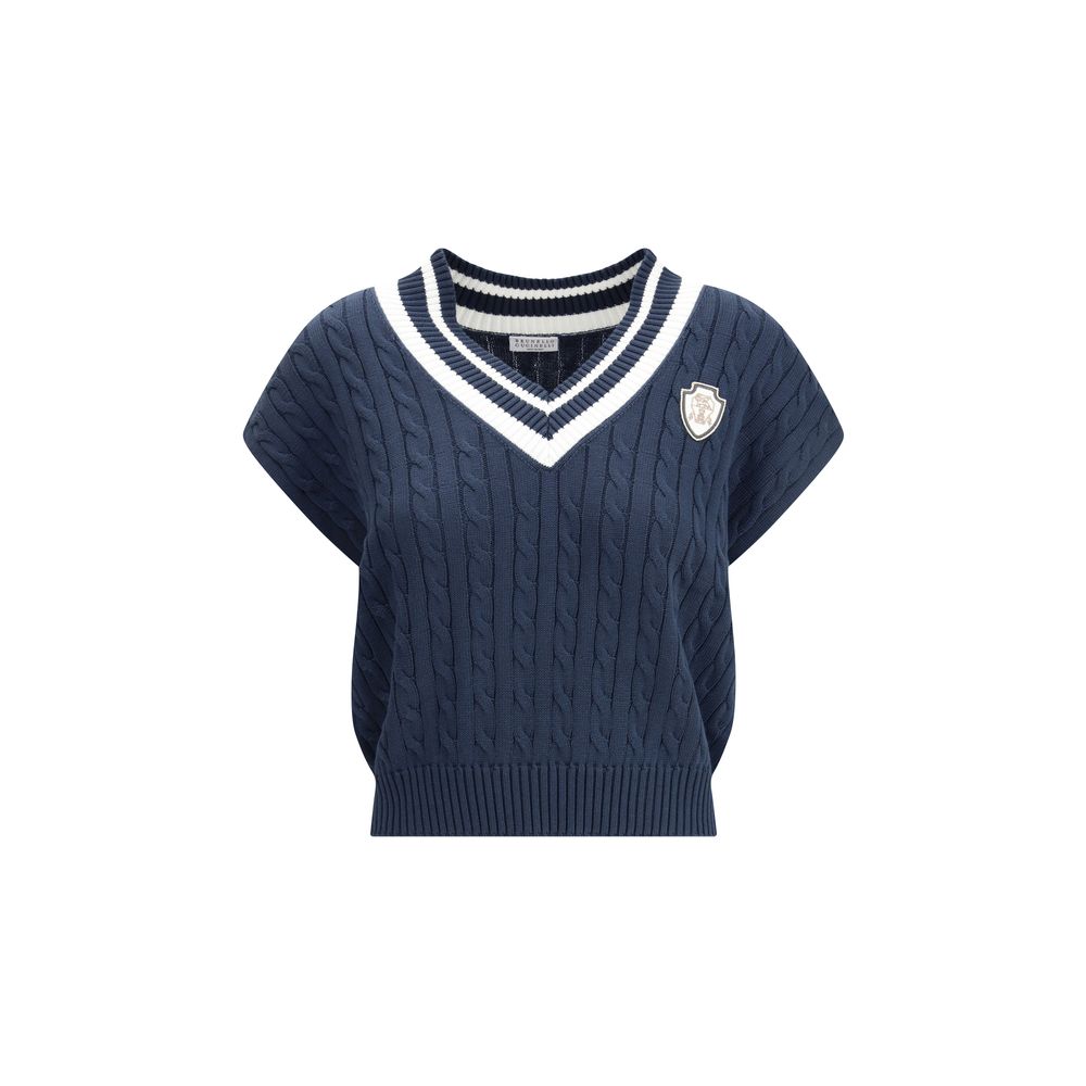 Brunello Cucinelli Blue Cotton Sleeveles Women's Sweater