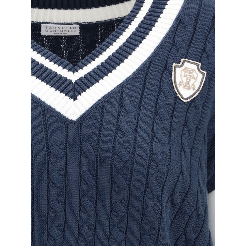 Brunello Cucinelli Blue Cotton Sleeveles Women's Sweater