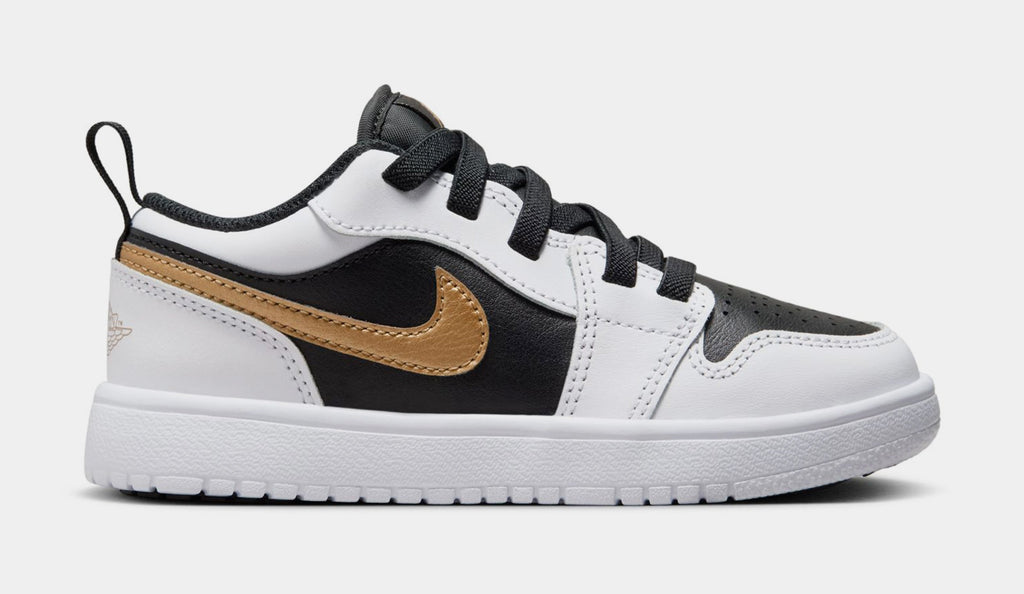 Exclusive Air Jordan 1 Low ALT Preschool Lifestyle Shoes (White/Black/Metallic Gold) — 10.5C — Front View