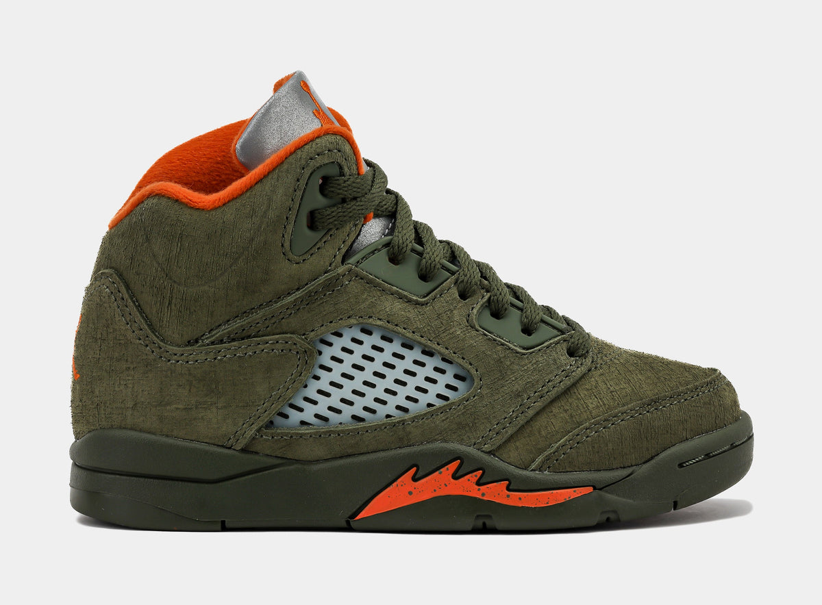 Exclusive Air Jordan 5 Retro Olive Preschool Lifestyle Shoes (Army Olive/Solar Orange) — 10.5C — Front View