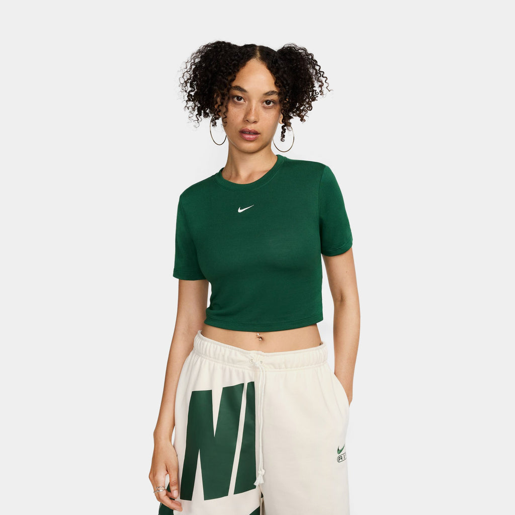 Exclusive NSW Essential Slim Cropped Womens Short Sleeve Shirt (Green/White) — XS — Front View