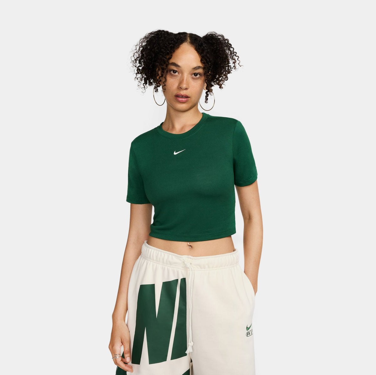 Exclusive NSW Essential Slim Cropped Womens Short Sleeve Shirt (Green/White) — XS — Front View