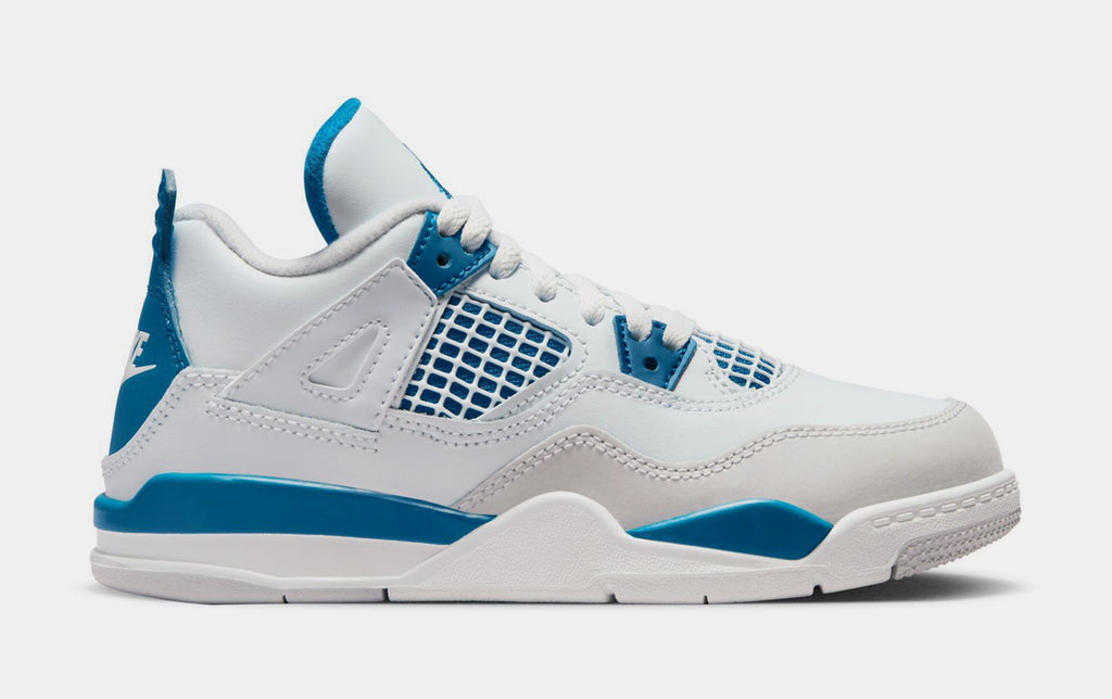 Exclusive Air Jordan 4 Retro Industrial Blue Preschool Lifestyle Shoes (Off White/Industrial Blue/Neutral Grey) — 10.5C — Front View