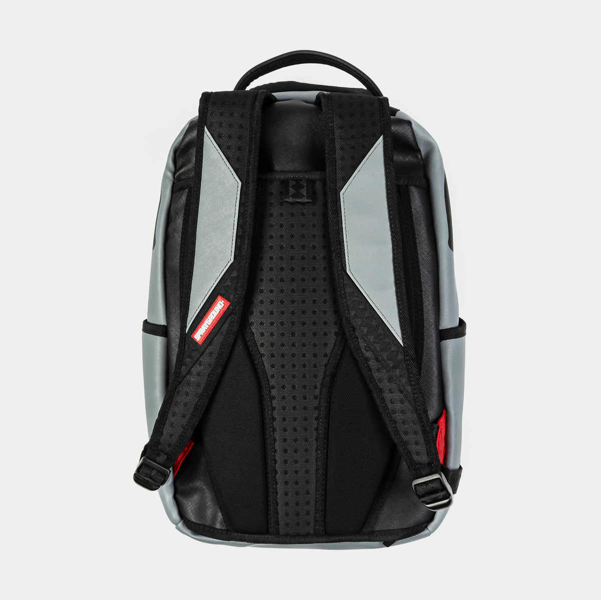 Exclusive Shark Smash Logo Mens Backpack (Grey/Red) — OS — Side View