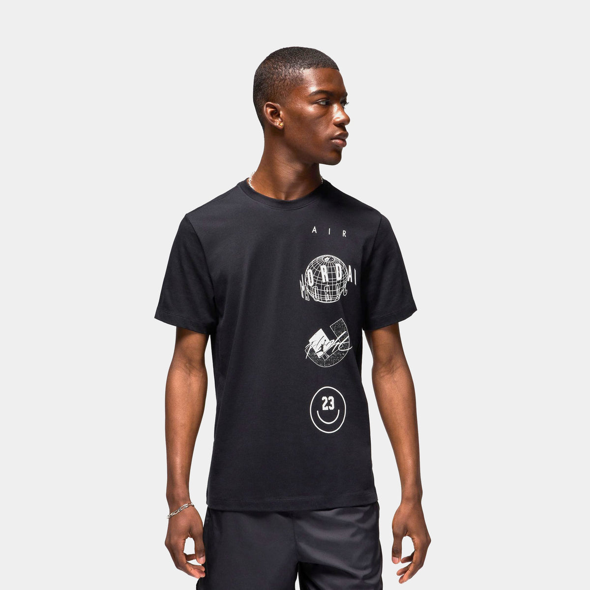Exclusive Essentials Logo Stack Graphic Mens Short Sleeve Shirt (Black/White) — S — Front View