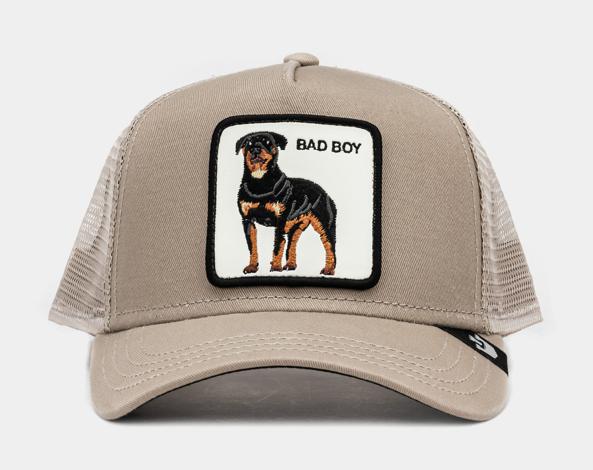 Exclusive Baddest Boy 14x14 Trucker Mens Hat (Khaki/Black) — OS — Front View