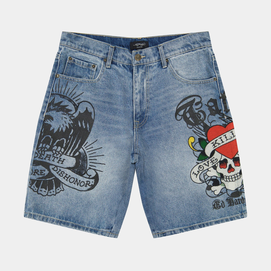 Exclusive Love Kills Slowly Skater Denim Mens Shorts (Blue/Black) — 30 — Front View