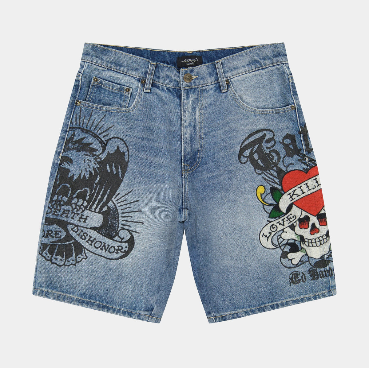 Exclusive Love Kills Slowly Skater Denim Mens Shorts (Blue/Black) — 30 — Front View