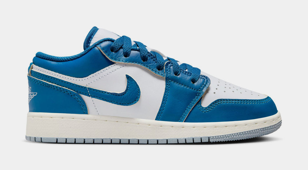 Exclusive Air Jordan 1 Low SE Industrial Blue Grade School Lifestyle Shoes (White/Blue Grey/Sail/Industrial Blue) — 3.5Y — Front View