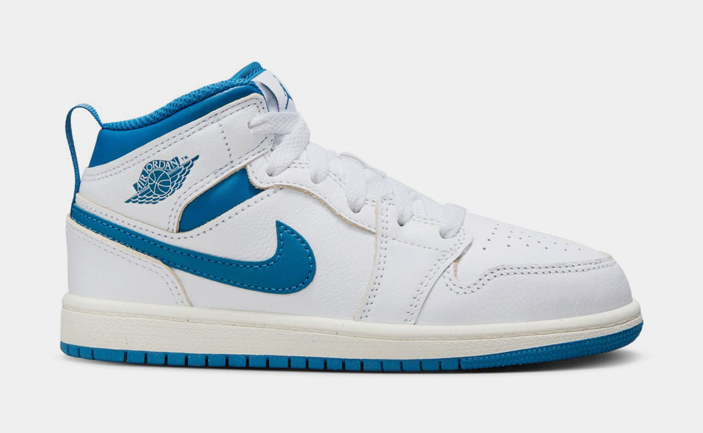 Exclusive Air Jordan 1 Mid SE Industrial Blue Preschool Lifestyle Shoes (White/Sail/Industrial Blue) — 10.5C — Front View