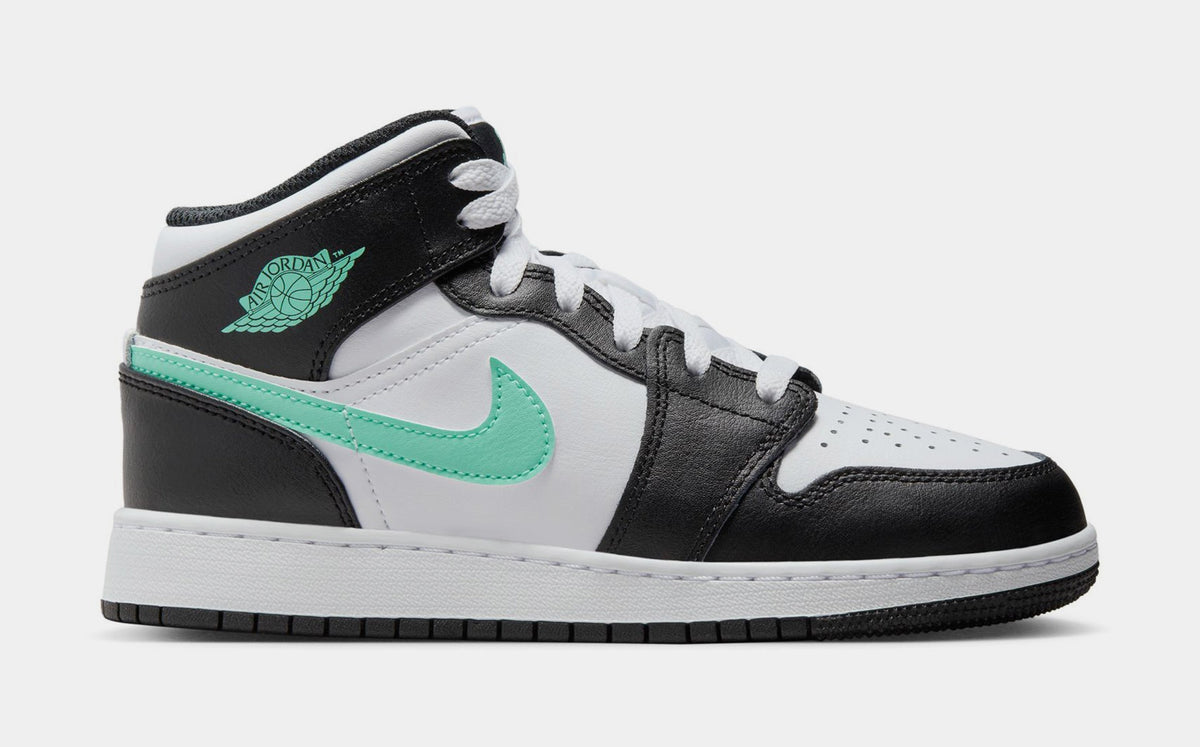 Exclusive Air Jordan 1 Mid Grade School Lifestyle Shoes (White/Green Glow/Black) — 3.5Y — Front View
