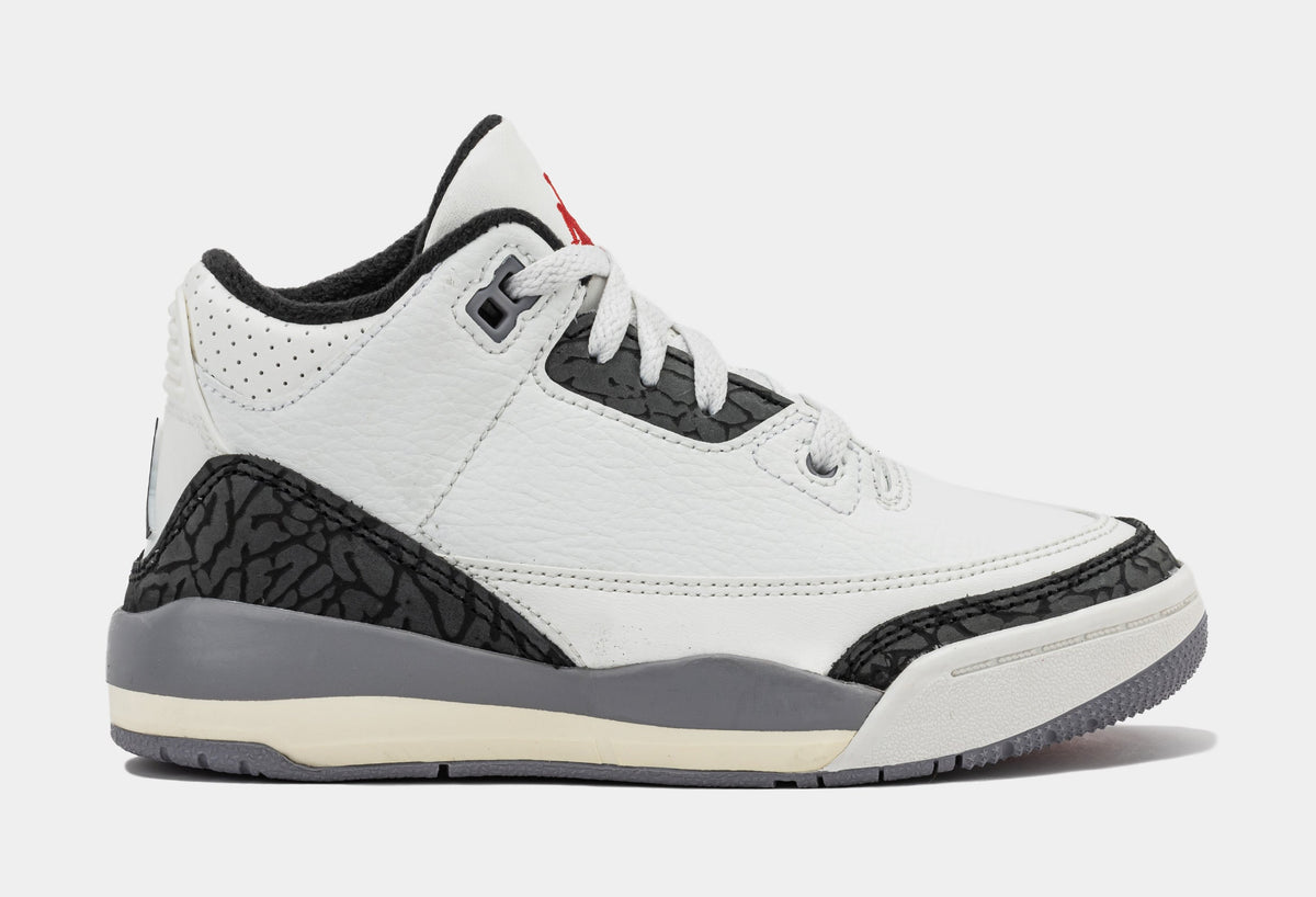 Exclusive Air Jordan 3 Retro Cement Grey Preschool Lifestyle Shoes (Summit White/Fire Red/Cement Grey/Black) Free Shipping — 10.5C — Front View