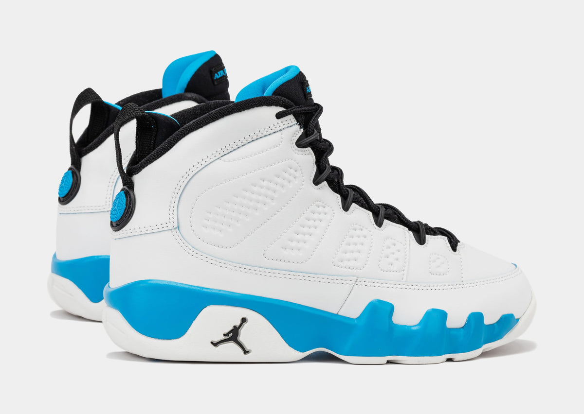 Exclusive Air Jordan 9 Retro Powder Blue Grade School Lifestyle Shoes (Summit White/Black/Powder Blue) — 3.5Y — Lifestyle View